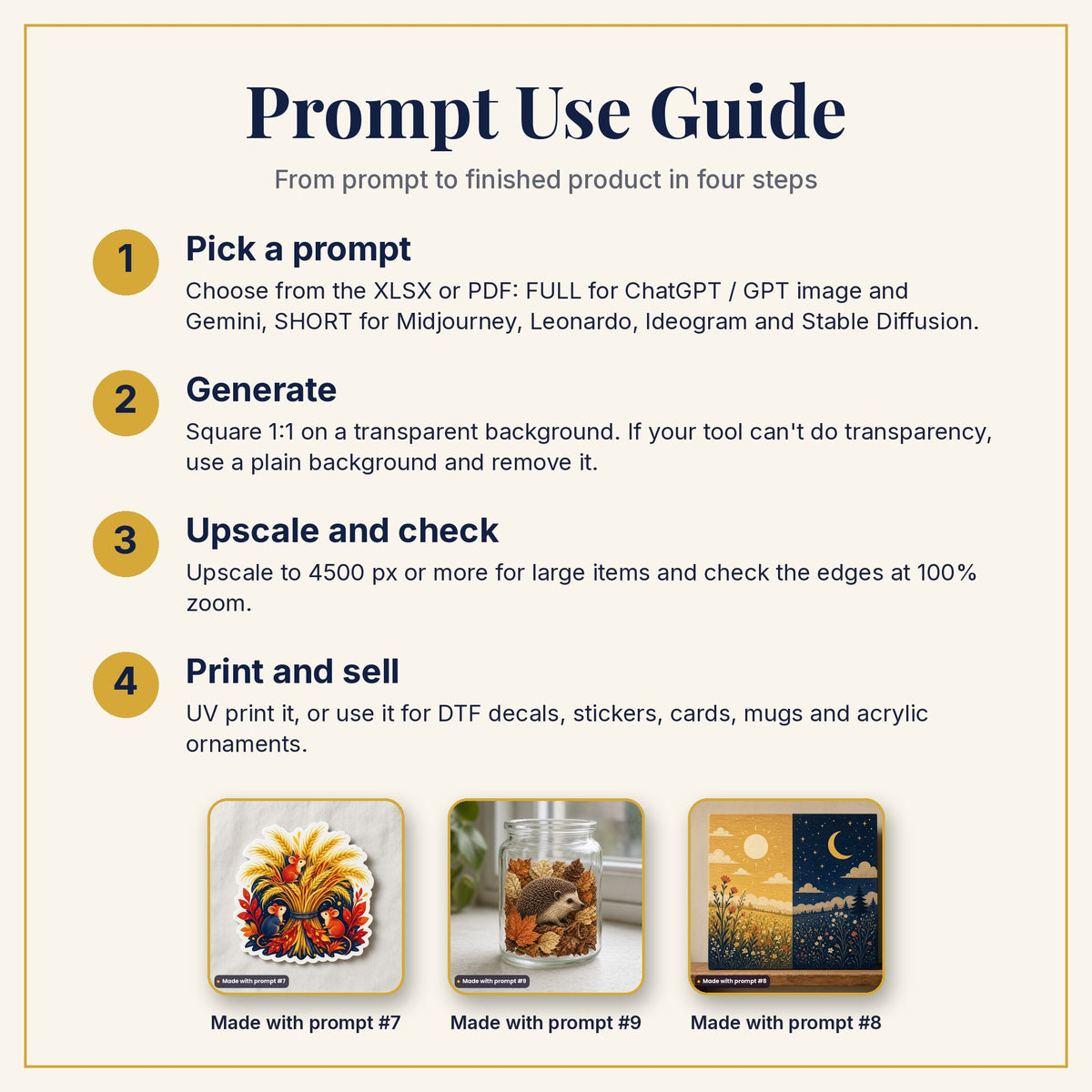 Prompt Use Guide: pick a prompt, generate, upscale and check, then print and sell, with example products made with prompts #7, #9 and #8