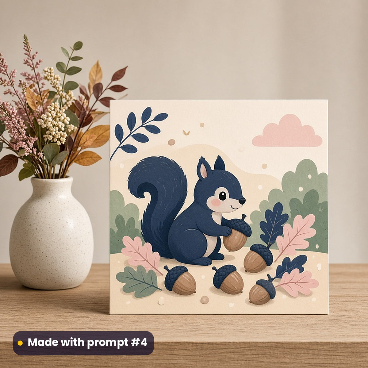 Autumn Equinox artwork printed on a flat-printed greeting card: squirrel gathering acorns, cute kawaii style, made with prompt #4 from this pack