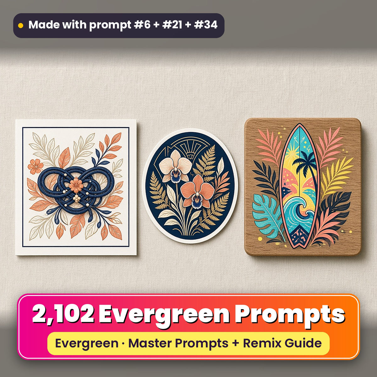September Evergreen prompt library: 2,102 master prompts + Remix Guide, with a UV-printed greeting card, acrylic ornament and mug set made with prompts #6, #21 and #34