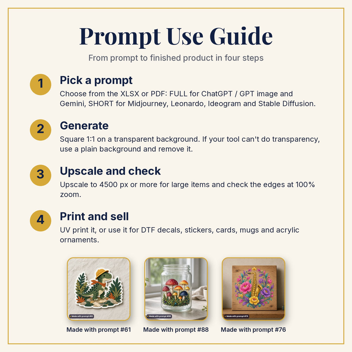 Prompt Use Guide: pick a prompt, generate, upscale and check, then print and sell, with example products made with prompts #61, #88 and #76