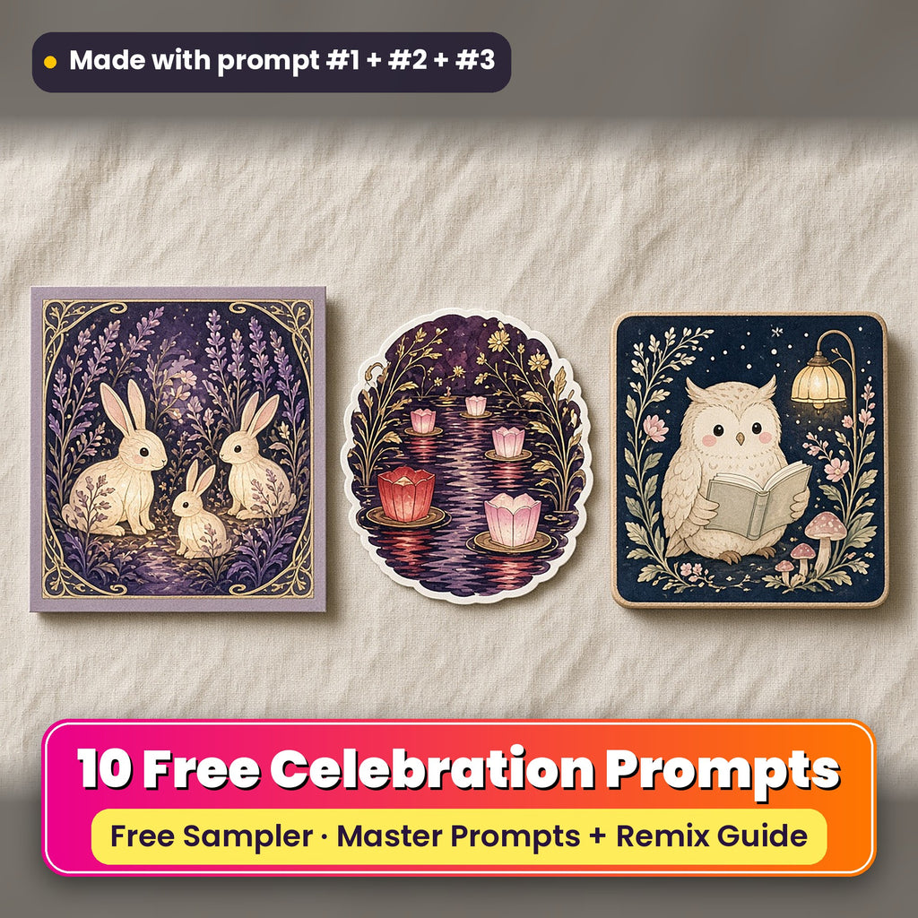 Worldwide Celebrations Free Prompt Sampler prompt pack: 10 master prompts + Remix Guide, with a UV-printed greeting card, acrylic ornament and mug set made with prompts #1, #2 and #3