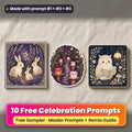Worldwide Celebrations Free Prompt Sampler prompt pack: 10 master prompts + Remix Guide, with a UV-printed greeting card, acrylic ornament and mug set made with prompts #1, #2 and #3