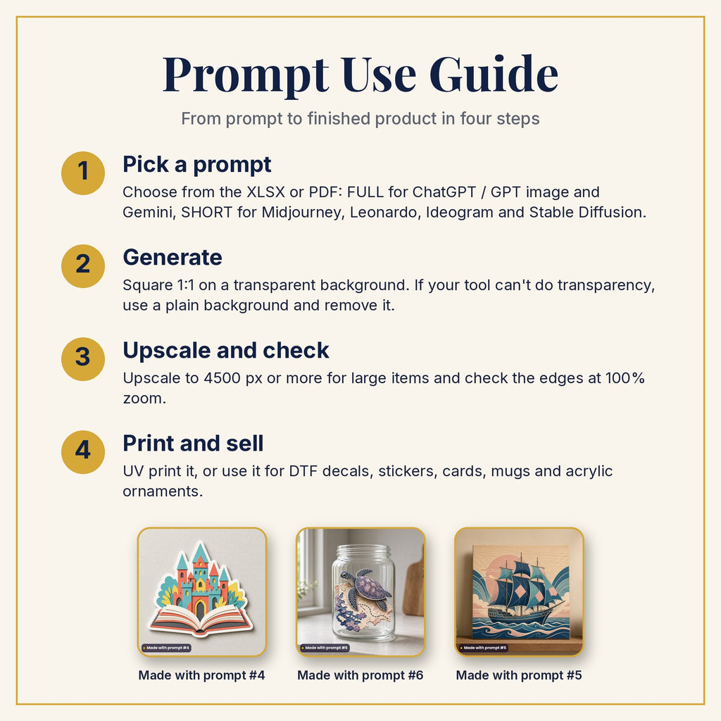 Prompt Use Guide: pick a prompt, generate, upscale and check, then print and sell, with example products made with prompts #4, #6 and #5