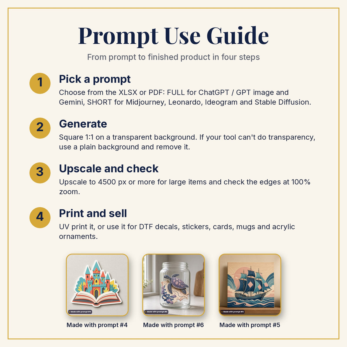 Prompt Use Guide: pick a prompt, generate, upscale and check, then print and sell, with example products made with prompts #4, #6 and #5
