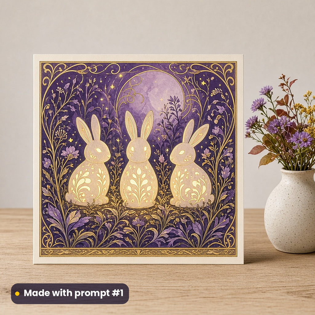 Mid-Autumn Festival artwork printed on a flat-printed greeting card: rabbit-shaped lanterns glowing in a garden, art nouveau style, made with prompt #1 from this pack