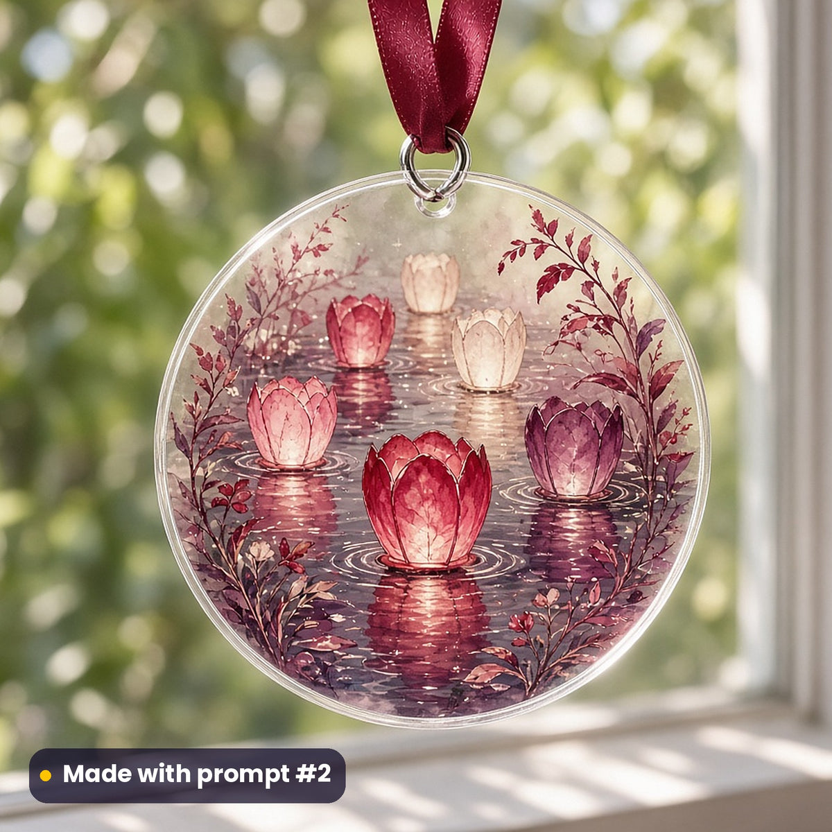 Mid-Autumn Festival artwork printed on a UV-printed clear acrylic ornament: floating river lanterns, vintage botanical style, made with prompt #2 from this pack