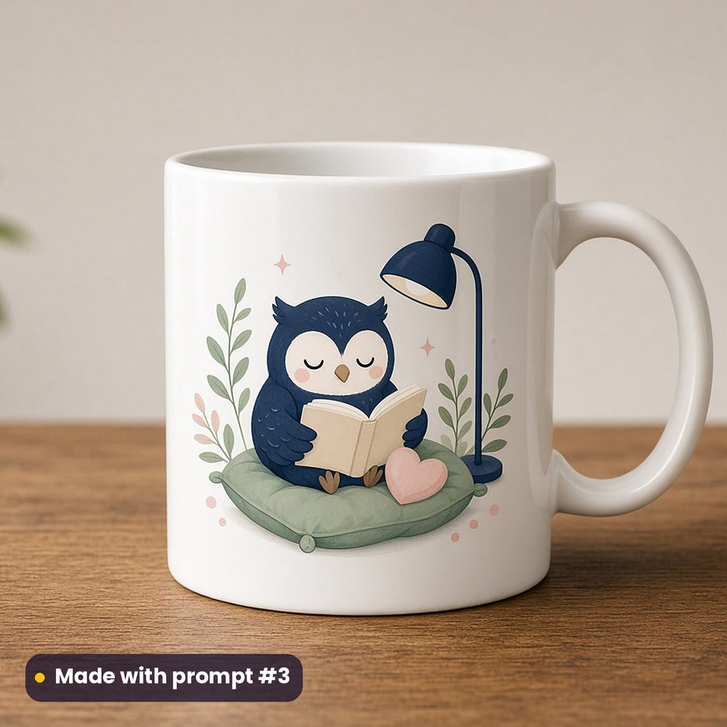International Literacy Day artwork printed on a UV-printed ceramic mug: owl reading under a lamp, cute kawaii style, made with prompt #3 from this pack