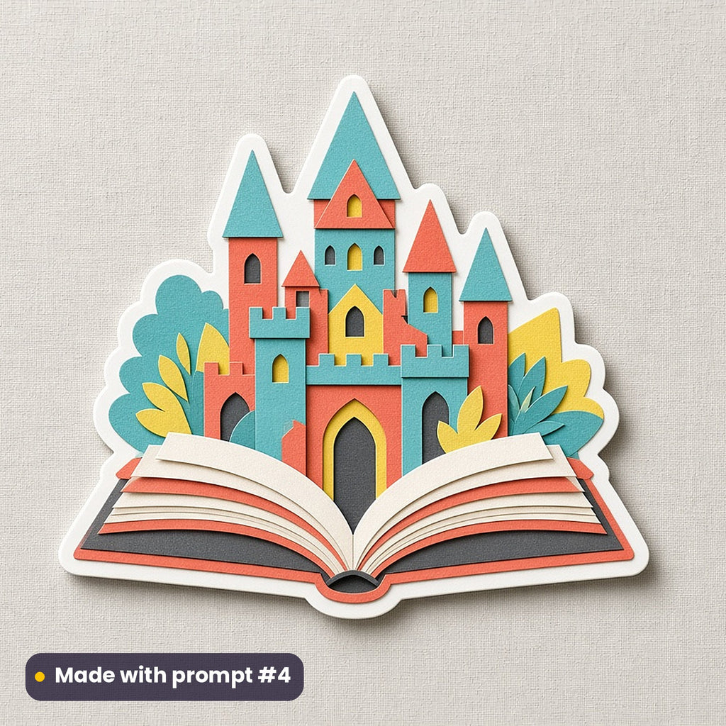 International Literacy Day artwork printed on a die-cut vinyl sticker: open book with a castle rising from its pages, papercut relief illusion style, made with prompt #4 from this pack