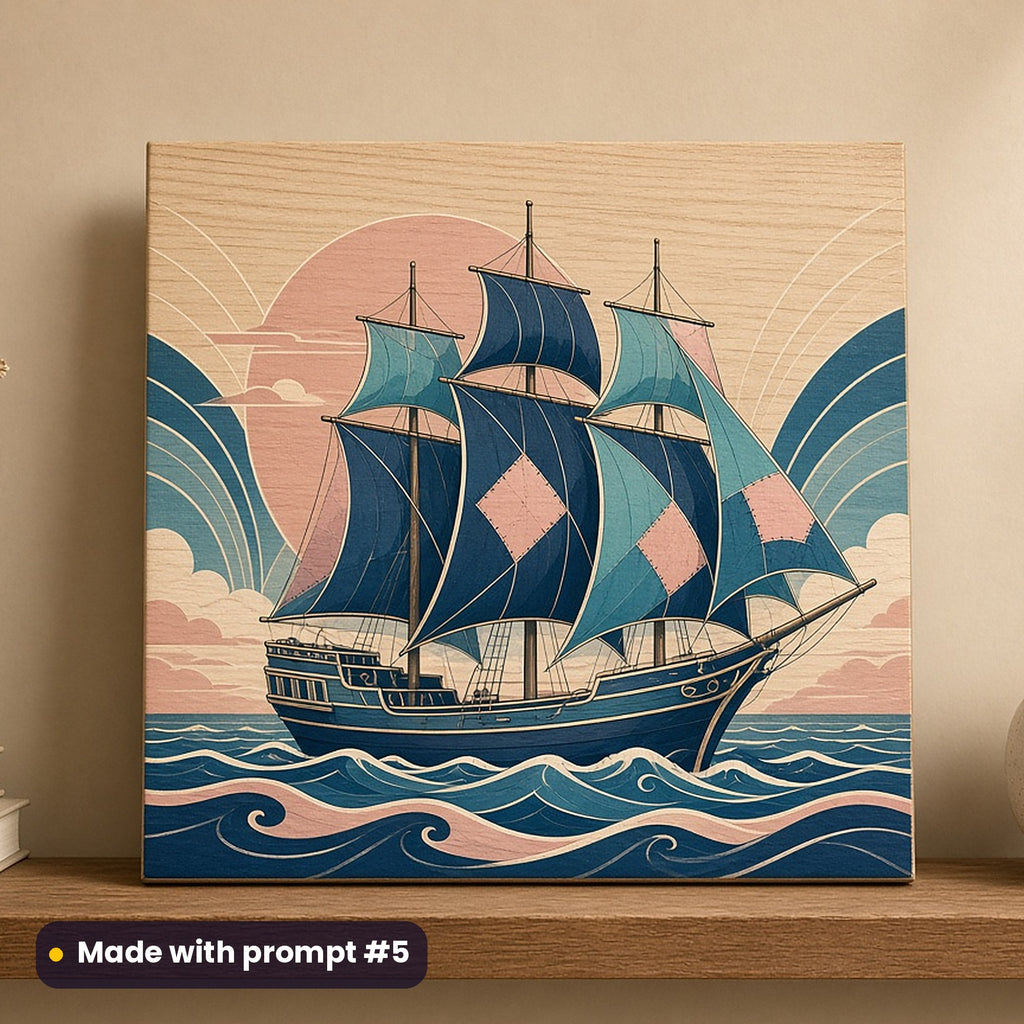 Talk Like a Pirate Day artwork printed on a UV-printed wooden plaque: pirate ship with patched sails, art deco style, made with prompt #5 from this pack