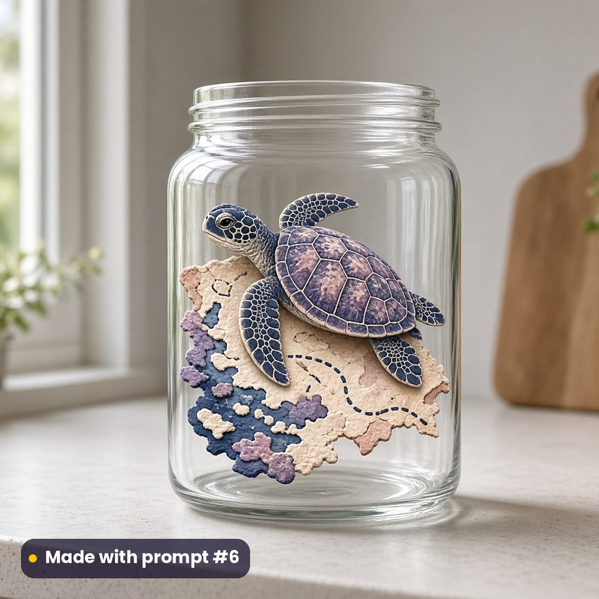 Talk Like a Pirate Day artwork printed on a UV DTF decal on glass: sea turtle with a treasure map, handcrafted clay illusion style, made with prompt #6 from this pack