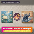 Ganesh Chaturthi prompt pack: 61 master prompts + Remix Guide, with a UV-printed greeting card, acrylic ornament and mug set made with prompts #5, #9 and #10