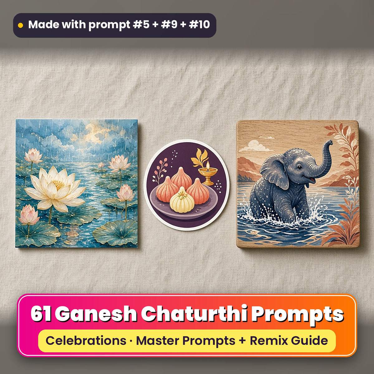 Ganesh Chaturthi prompt pack: 61 master prompts + Remix Guide, with a UV-printed greeting card, acrylic ornament and mug set made with prompts #5, #9 and #10