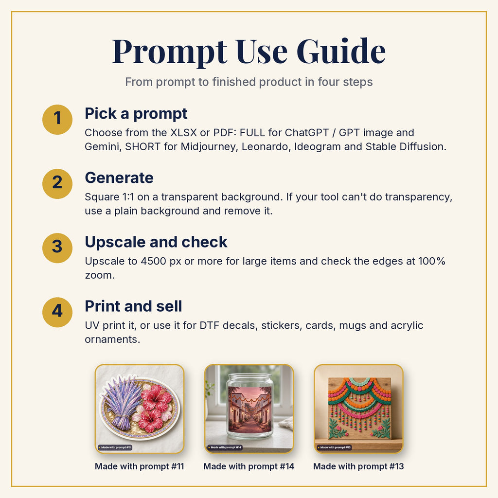 Prompt Use Guide: pick a prompt, generate, upscale and check, then print and sell, with example products made with prompts #11, #14 and #13