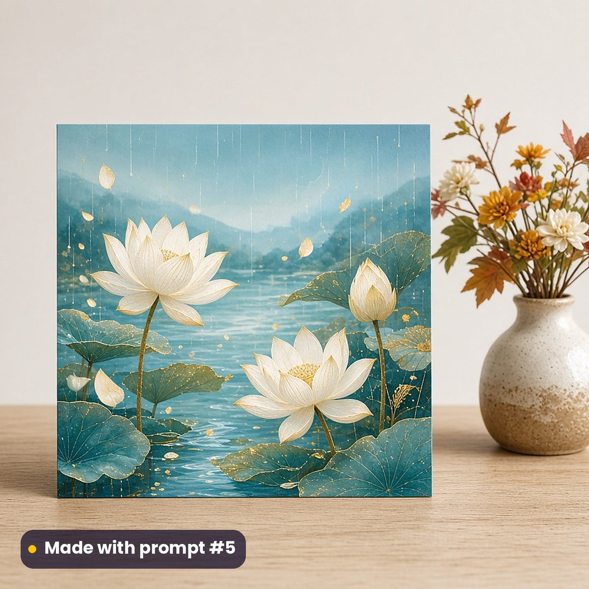 Ganesh Chaturthi artwork printed on a flat-printed greeting card: lotus flowers on a monsoon pond, fantasy luminous style, made with prompt #5 from this pack