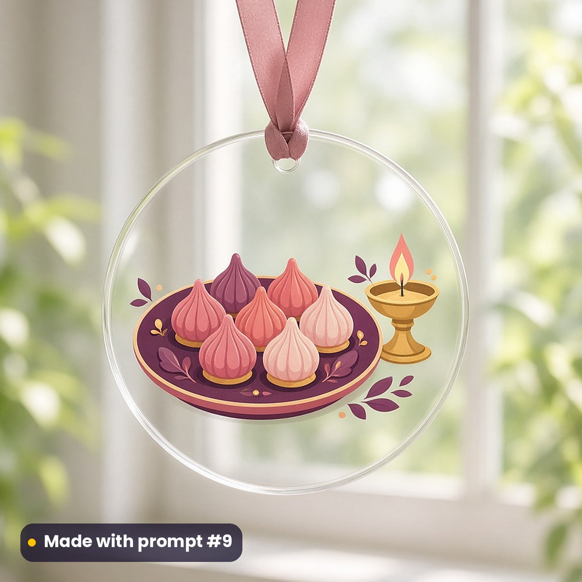 Ganesh Chaturthi artwork printed on a UV-printed clear acrylic ornament: plate of modak sweets beside a brass lamp, minimal bold graphic style, made with prompt #9 from this pack