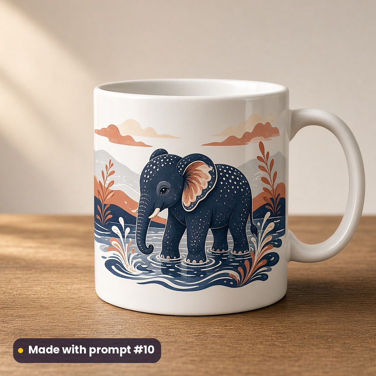 Ganesh Chaturthi artwork printed on a UV-printed ceramic mug: elephant calf splashing in a river, modern scandinavian style, made with prompt #10 from this pack