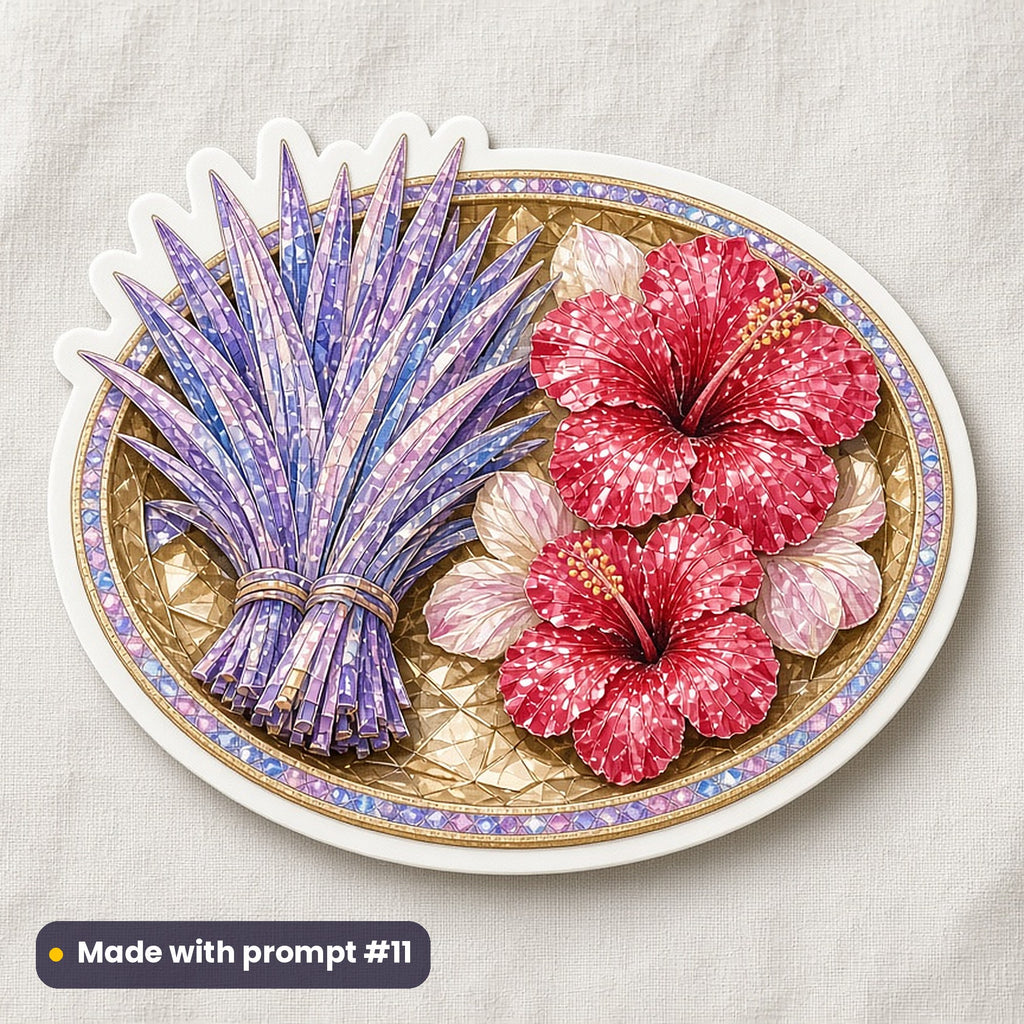Ganesh Chaturthi artwork printed on a die-cut vinyl sticker: durva grass bundles and red hibiscus on a brass plate, mosaic jewel style, made with prompt #11 from this pack