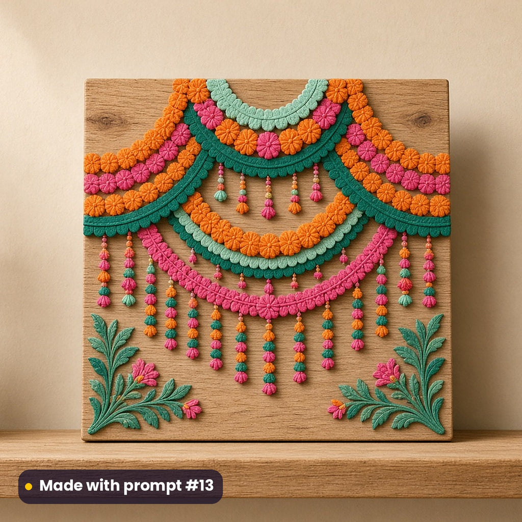Ganesh Chaturthi artwork printed on a UV-printed wooden plaque: festive marigold canopy of original design, premium sculpted 3d style, made with prompt #13 from this pack