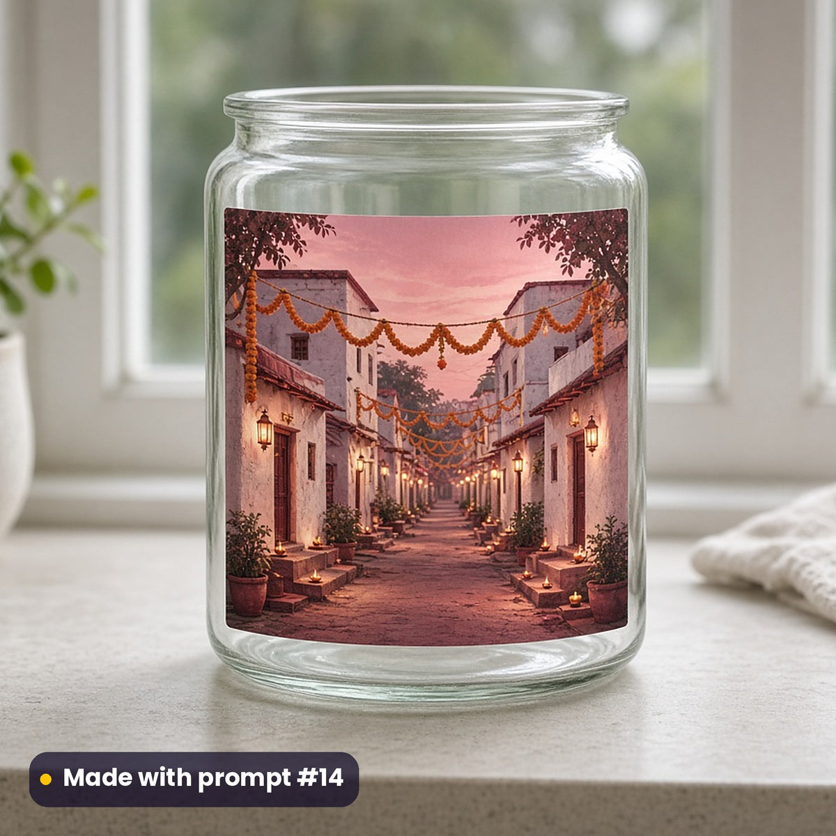 Ganesh Chaturthi artwork printed on a UV DTF decal on glass: lantern-lit festival lane at dusk, vintage botanical style, made with prompt #14 from this pack