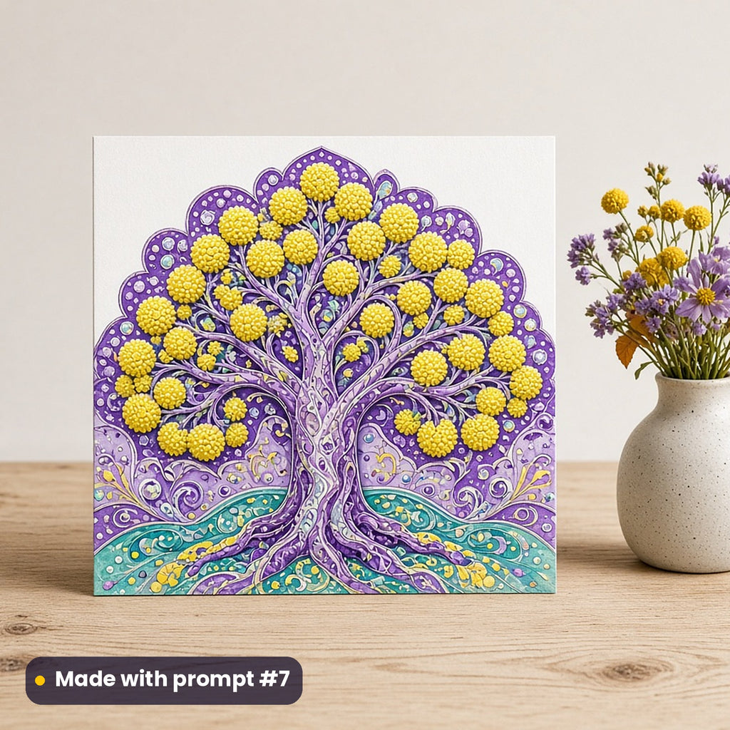 Janmashtami artwork printed on a flat-printed greeting card: kadamba tree in full bloom, luxury enamel & gemstone style, made with prompt #7 from this pack