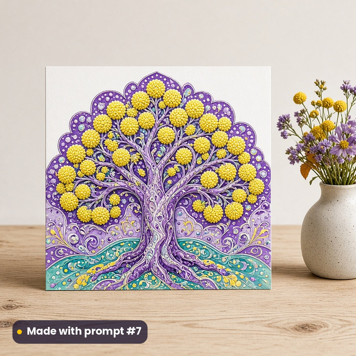 Janmashtami artwork printed on a flat-printed greeting card: kadamba tree in full bloom, luxury enamel & gemstone style, made with prompt #7 from this pack