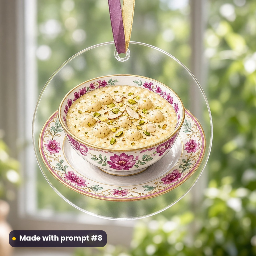 Janmashtami artwork printed on a UV-printed clear acrylic ornament: plate of makhana kheer, luxury porcelain style, made with prompt #8 from this pack