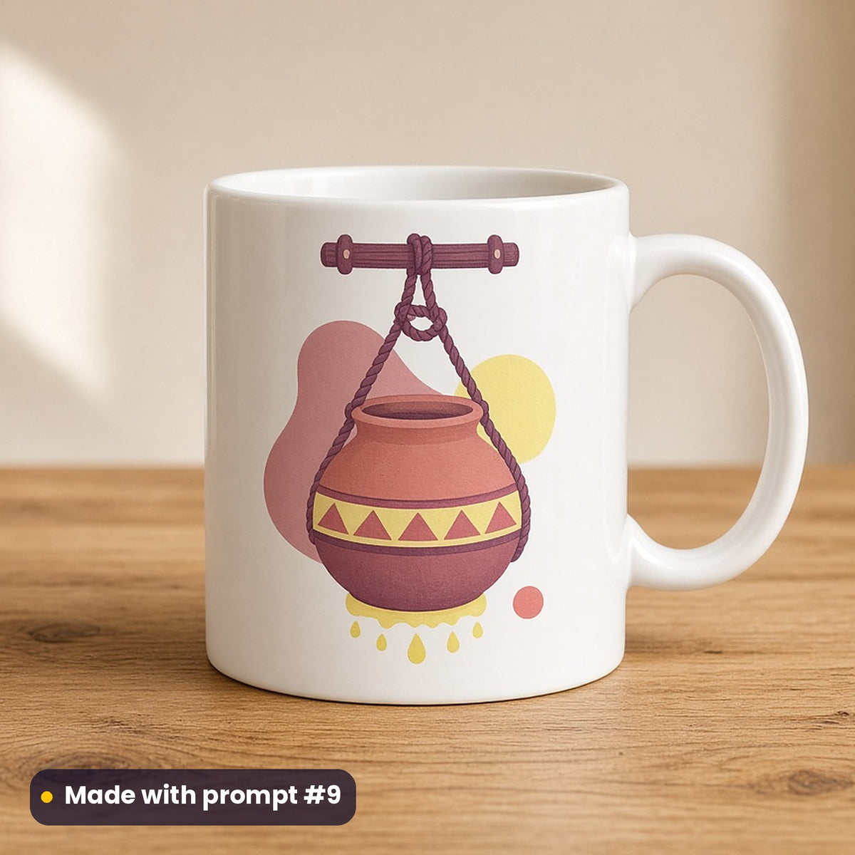 Janmashtami artwork printed on a UV-printed ceramic mug: clay butter pot hung high on a rope, minimal bold graphic style, made with prompt #9 from this pack