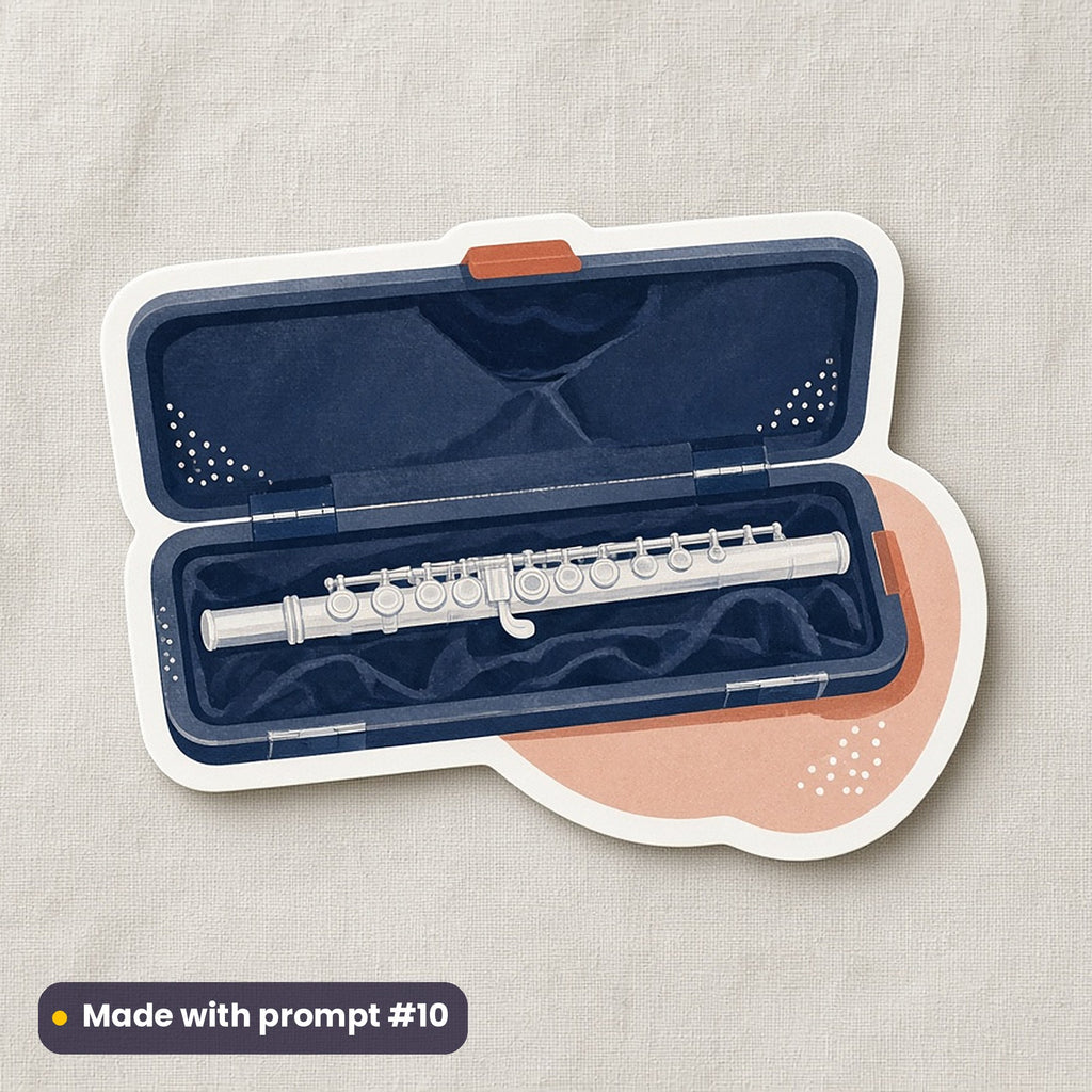 Janmashtami artwork printed on a die-cut vinyl sticker: heirloom silver flute in a velvet box, modern scandinavian style, made with prompt #10 from this pack