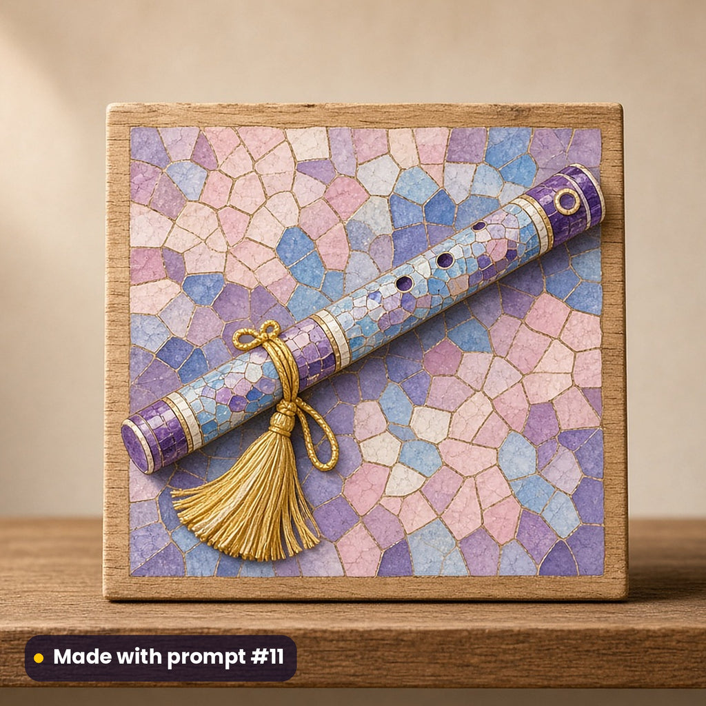 Janmashtami artwork printed on a UV-printed wooden plaque: bansuri flute tied with a yellow silk tassel, mosaic jewel style, made with prompt #11 from this pack
