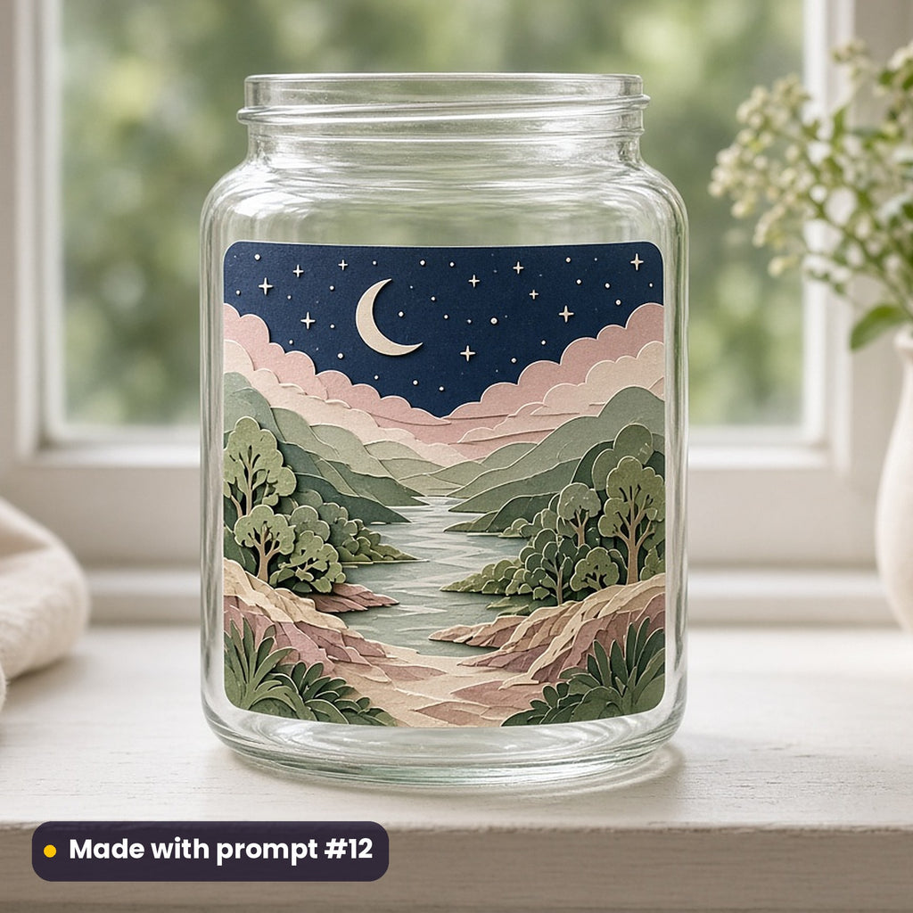 Janmashtami artwork printed on a UV DTF decal on glass: starry midnight sky above a riverside grove, papercut relief illusion style, made with prompt #12 from this pack