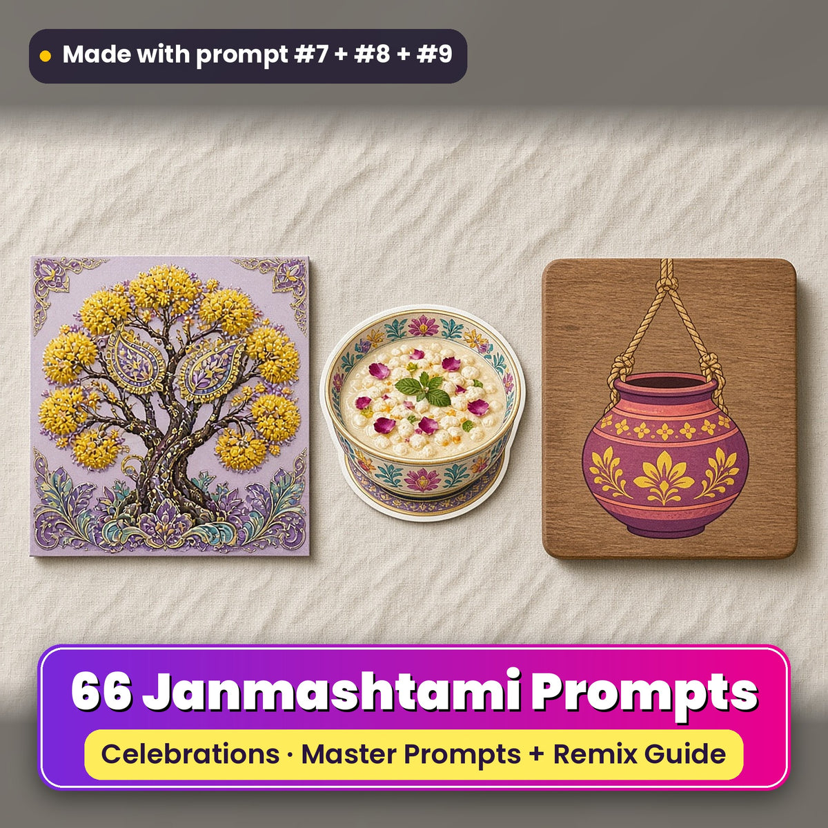 Janmashtami prompt pack: 66 master prompts + Remix Guide, with a UV-printed greeting card, acrylic ornament and mug set made with prompts #7, #8 and #9