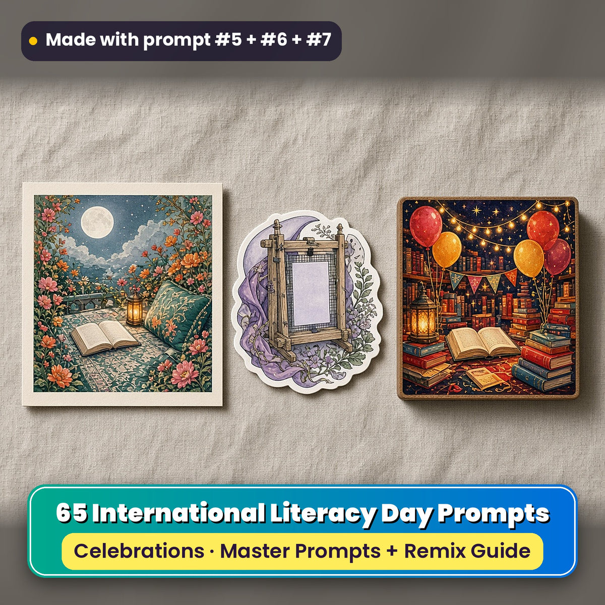 International Literacy Day prompt pack: 65 master prompts + Remix Guide, with a UV-printed greeting card, acrylic ornament and mug set made with prompts #5, #6 and #7