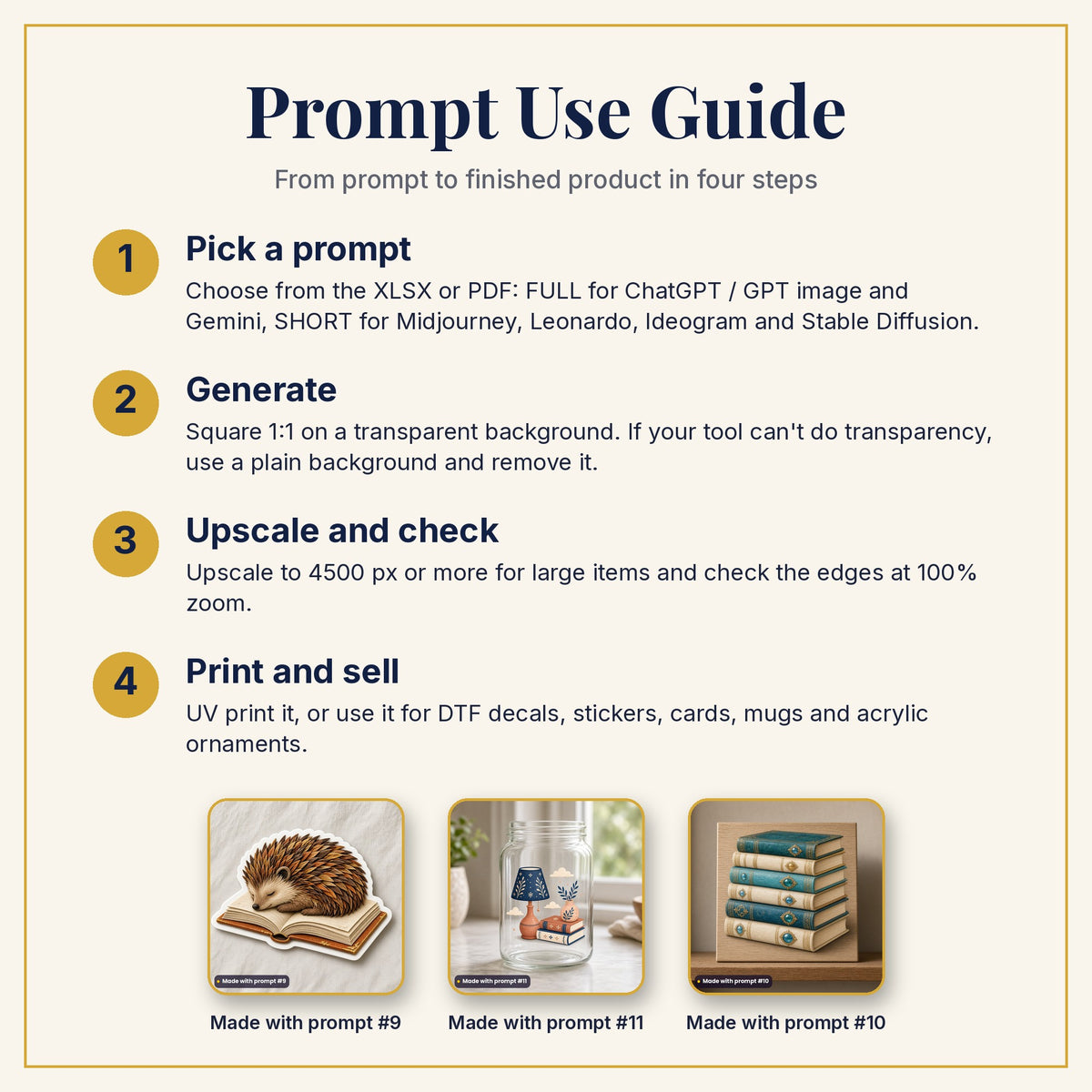 Prompt Use Guide: pick a prompt, generate, upscale and check, then print and sell, with example products made with prompts #9, #11 and #10