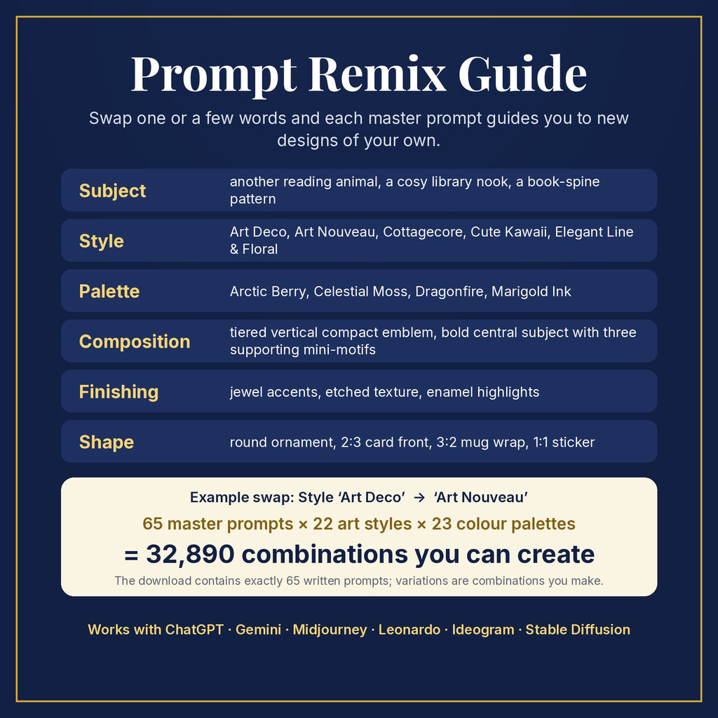 Prompt Remix Guide: swap subject, style, palette, composition, finishing and shape; 65 master prompts × 22 styles × 23 palettes = 32,890 combinations you can create