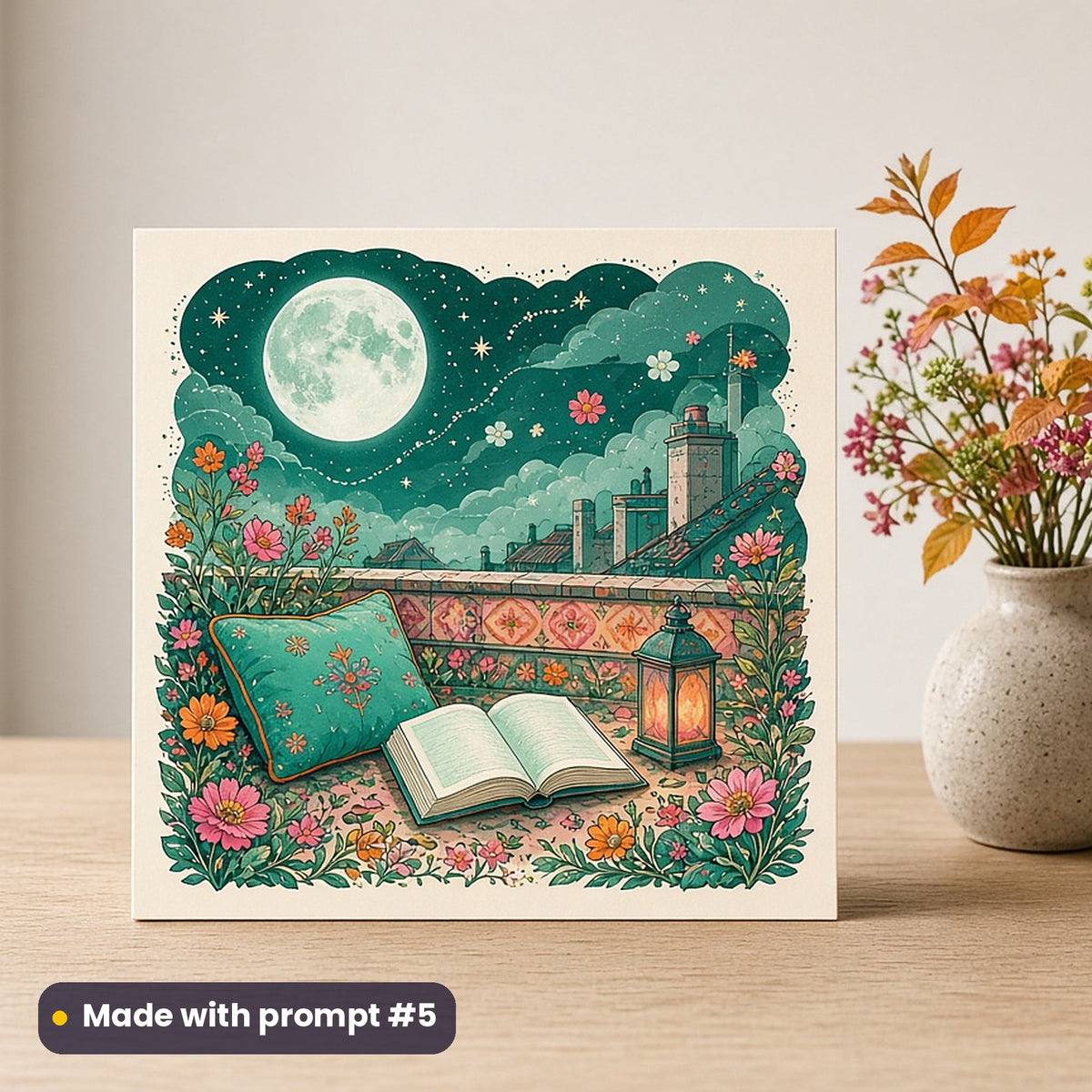 International Literacy Day artwork printed on a flat-printed greeting card: reading by moonlight on a rooftop, elegant line & floral style, made with prompt #5 from this pack