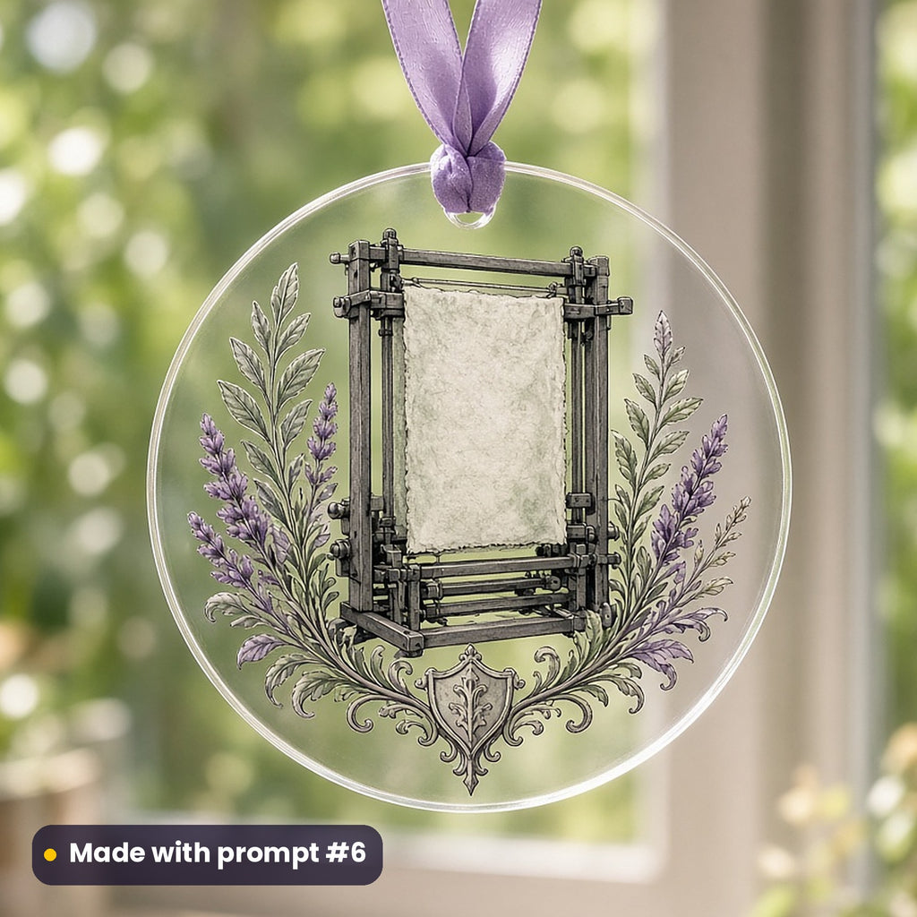 International Literacy Day artwork printed on a UV-printed clear acrylic ornament: paper-making frame with fresh sheets, fantasy heraldic style, made with prompt #6 from this pack