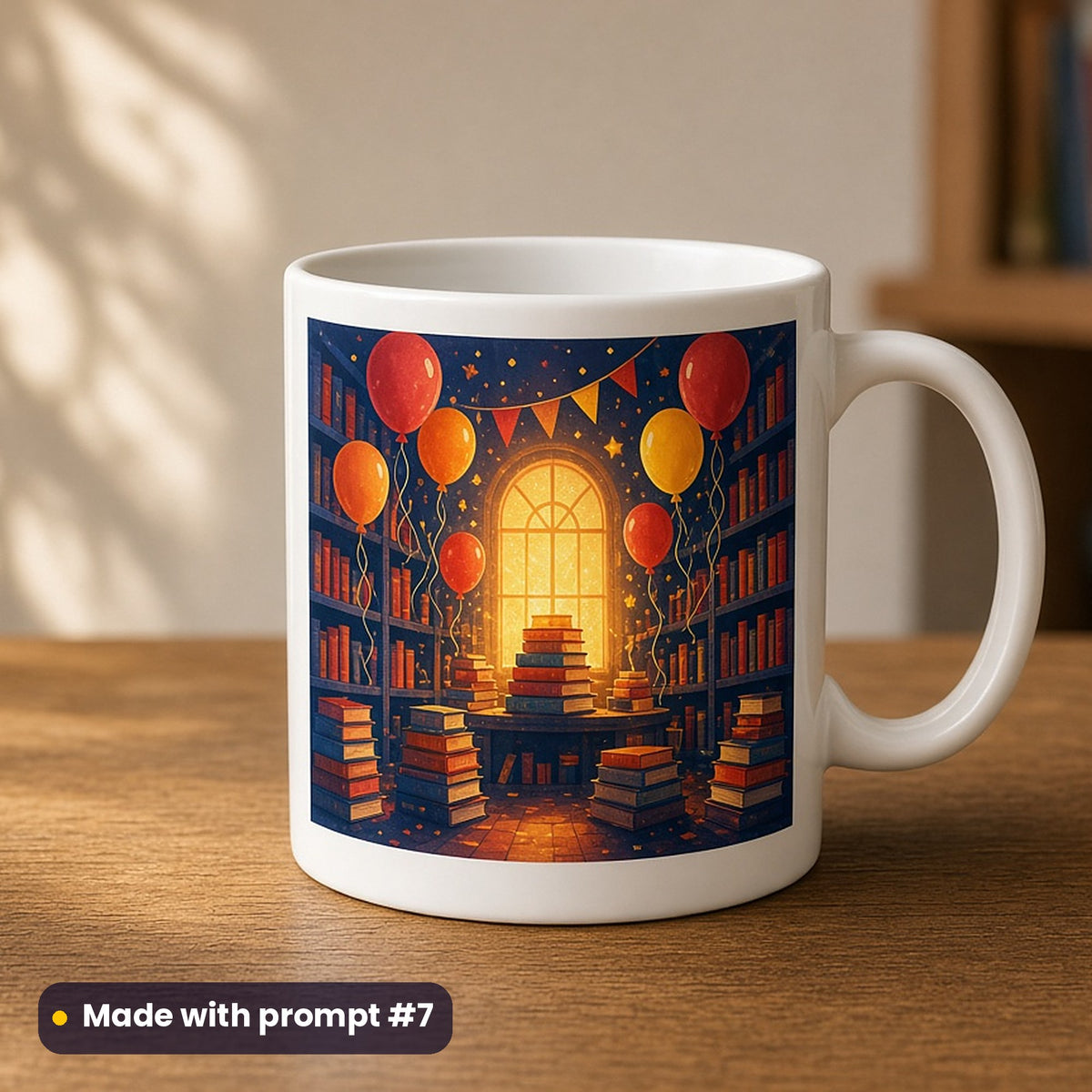 International Literacy Day artwork printed on a UV-printed ceramic mug: library party with balloons and books, fantasy luminous style, made with prompt #7 from this pack