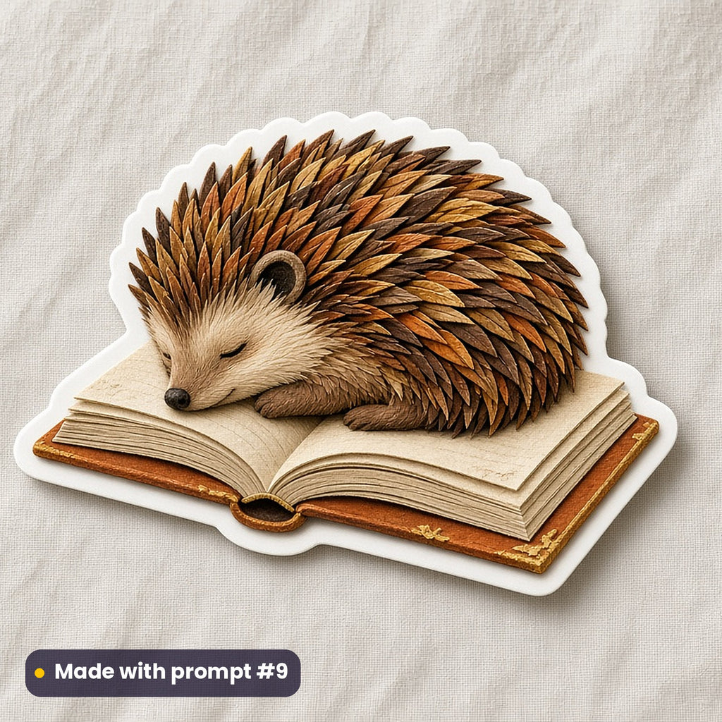 International Literacy Day artwork printed on a die-cut vinyl sticker: hedgehog curled up in an open book, handcrafted clay illusion style, made with prompt #9 from this pack