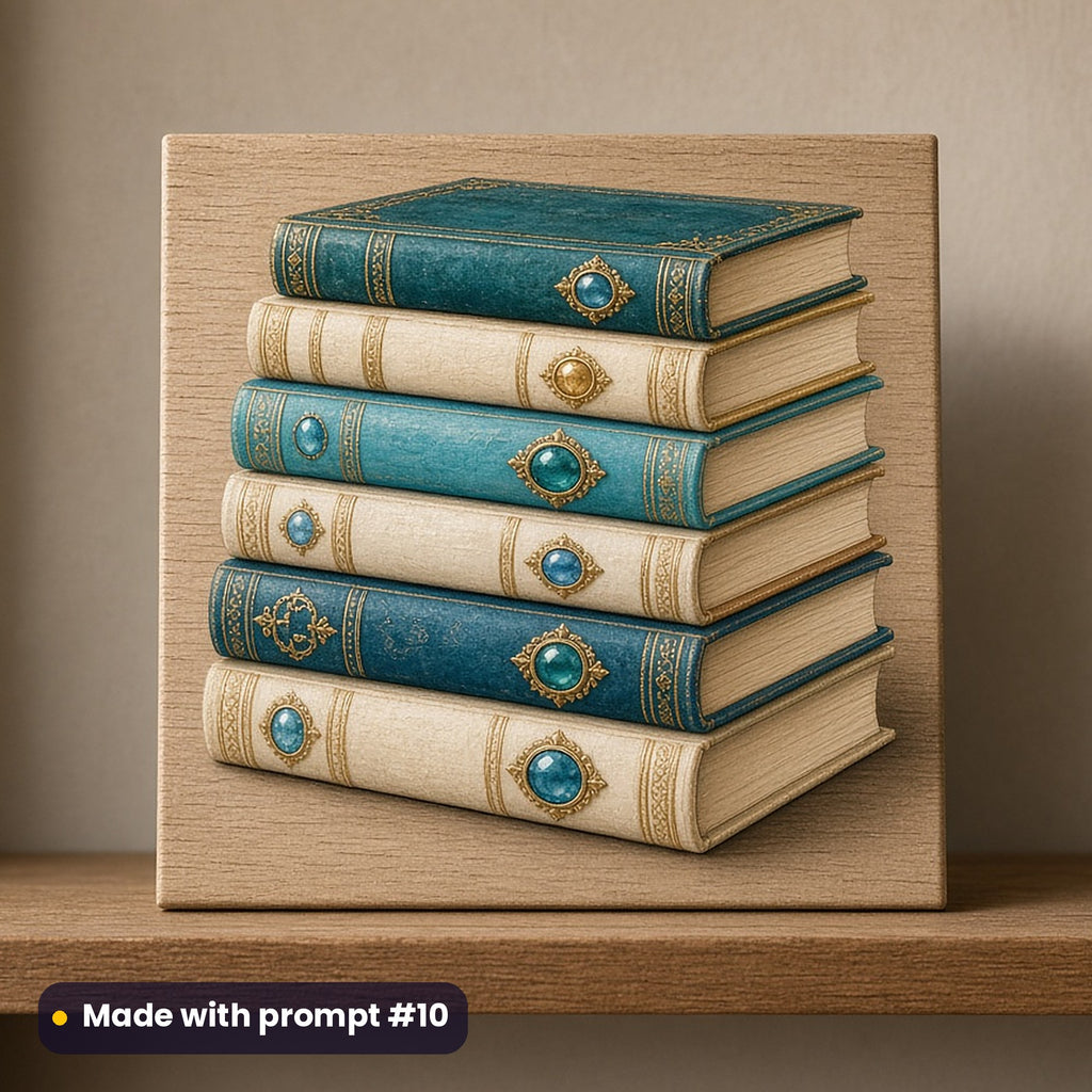 International Literacy Day artwork printed on a UV-printed wooden plaque: stack of vintage hardback books, luxury enamel & gemstone style, made with prompt #10 from this pack