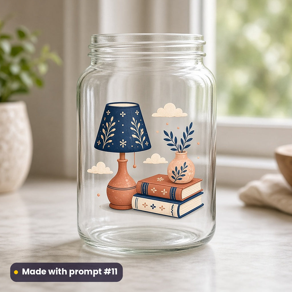 International Literacy Day artwork printed on a UV DTF decal on glass: kawaii lamp and book buddies, luxury porcelain style, made with prompt #11 from this pack