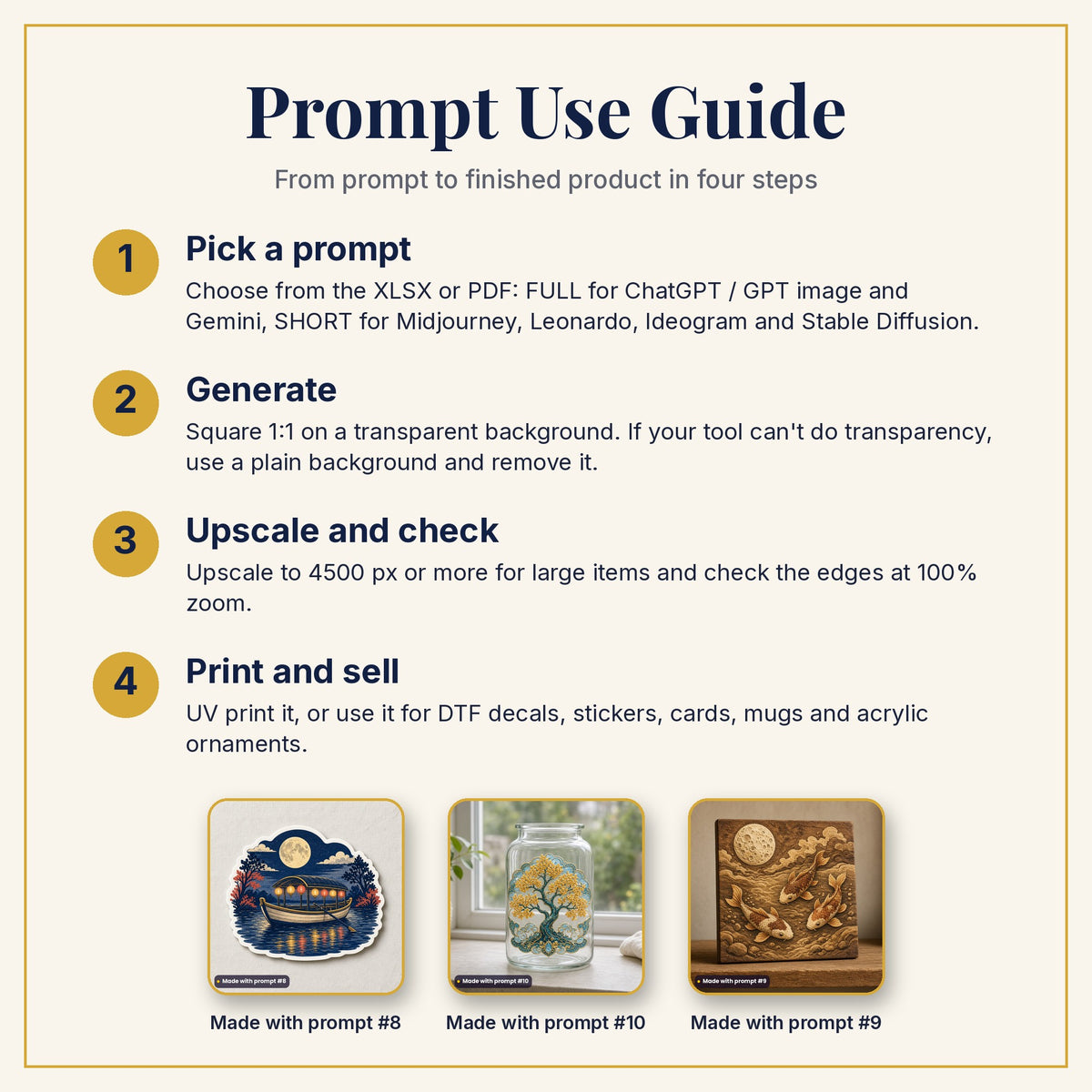 Prompt Use Guide: pick a prompt, generate, upscale and check, then print and sell, with example products made with prompts #8, #10 and #9