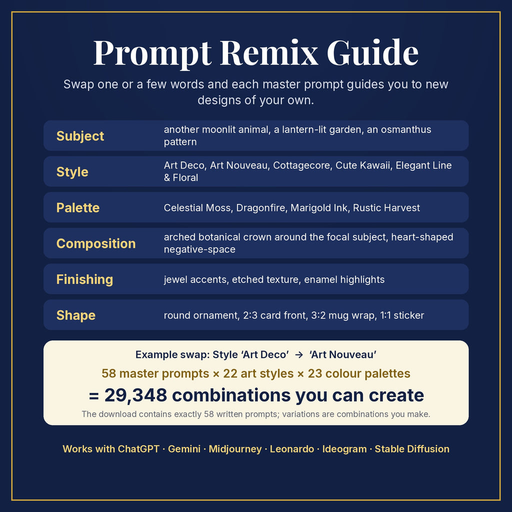 Prompt Remix Guide: swap subject, style, palette, composition, finishing and shape; 58 master prompts × 22 styles × 23 palettes = 29,348 combinations you can create