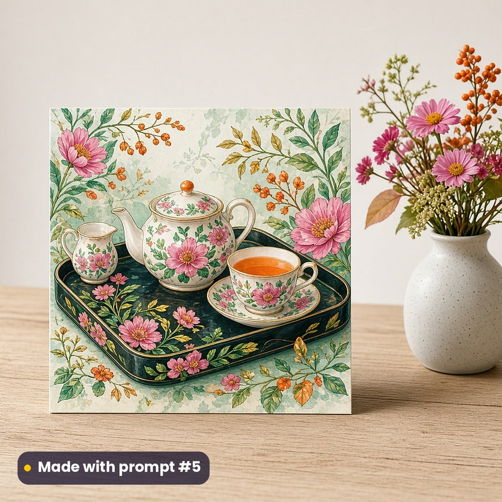 Mid-Autumn Festival artwork printed on a flat-printed greeting card: vintage tea set on a lacquer tray, elegant line & floral style, made with prompt #5 from this pack
