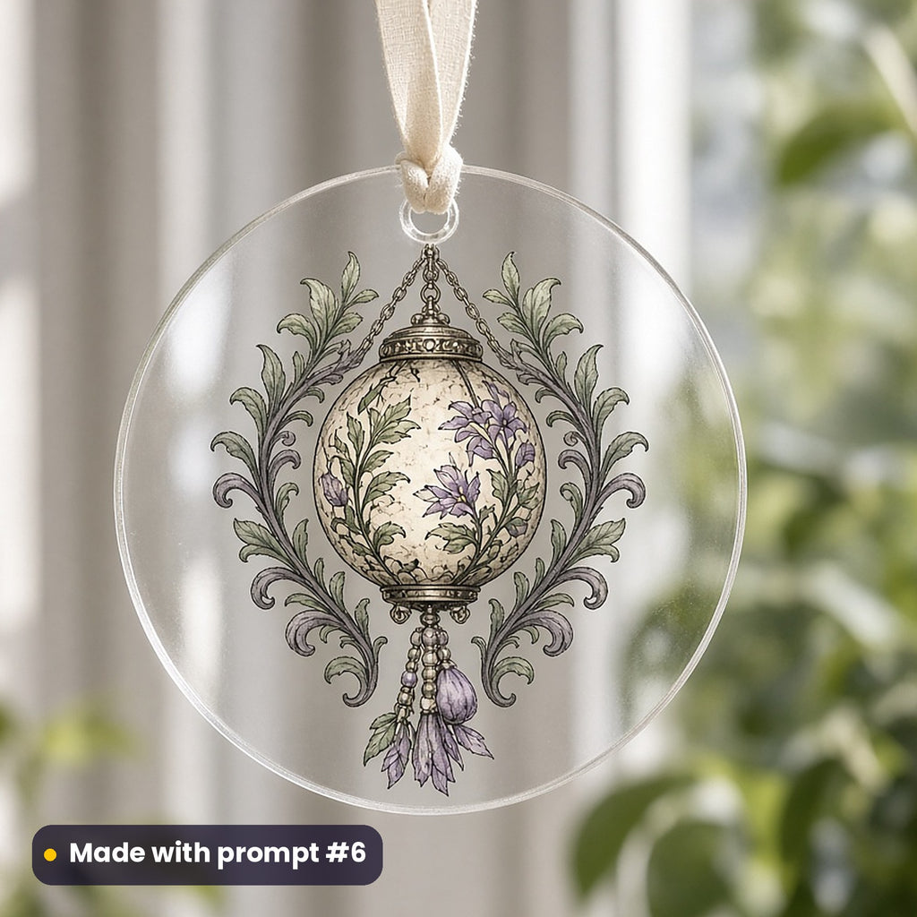 Mid-Autumn Festival artwork printed on a UV-printed clear acrylic ornament: antique paper lantern, fantasy heraldic style, made with prompt #6 from this pack