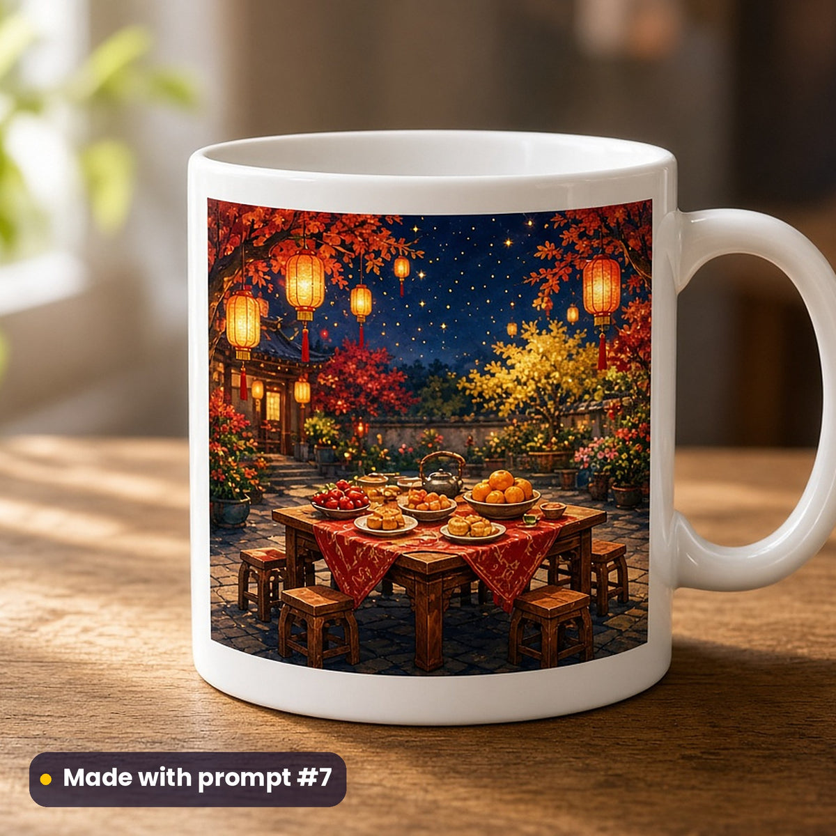 Mid-Autumn Festival artwork printed on a UV-printed ceramic mug: lantern-lit courtyard reunion table, fantasy luminous style, made with prompt #7 from this pack