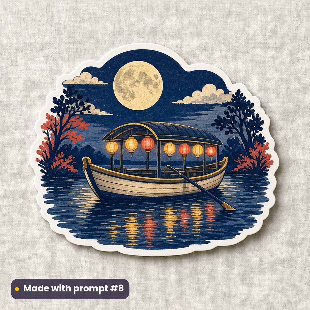 Mid-Autumn Festival artwork printed on a die-cut vinyl sticker: boat with lanterns on a river, folk art style, made with prompt #8 from this pack