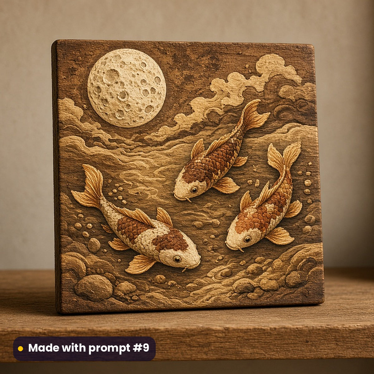 Mid-Autumn Festival artwork printed on a UV-printed wooden plaque: koi swimming under the moon, handcrafted clay illusion style, made with prompt #9 from this pack