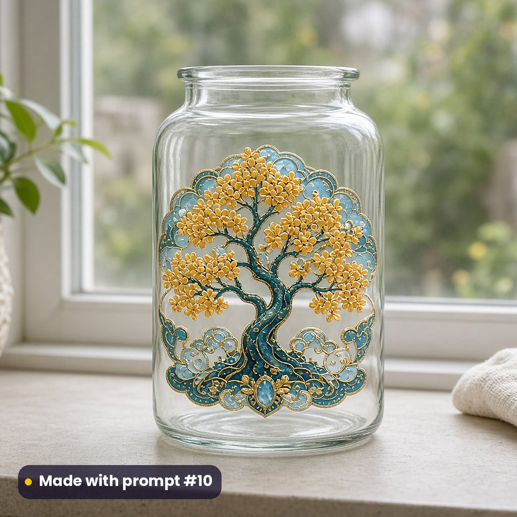 Mid-Autumn Festival artwork printed on a UV DTF decal on glass: osmanthus tree in golden bloom, luxury enamel & gemstone style, made with prompt #10 from this pack