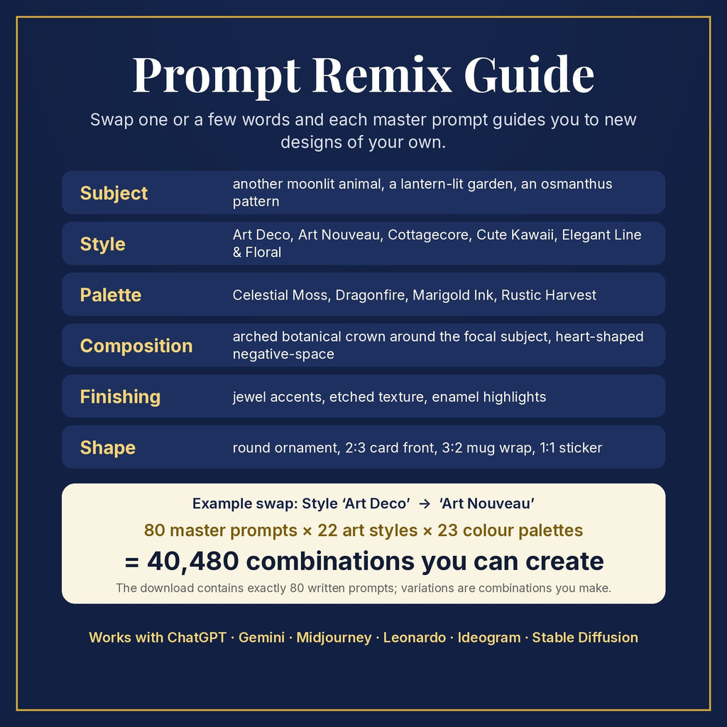 Prompt Remix Guide: swap subject, style, palette, composition, finishing and shape; 80 master prompts × 22 styles × 23 palettes = 40,480 combinations you can create