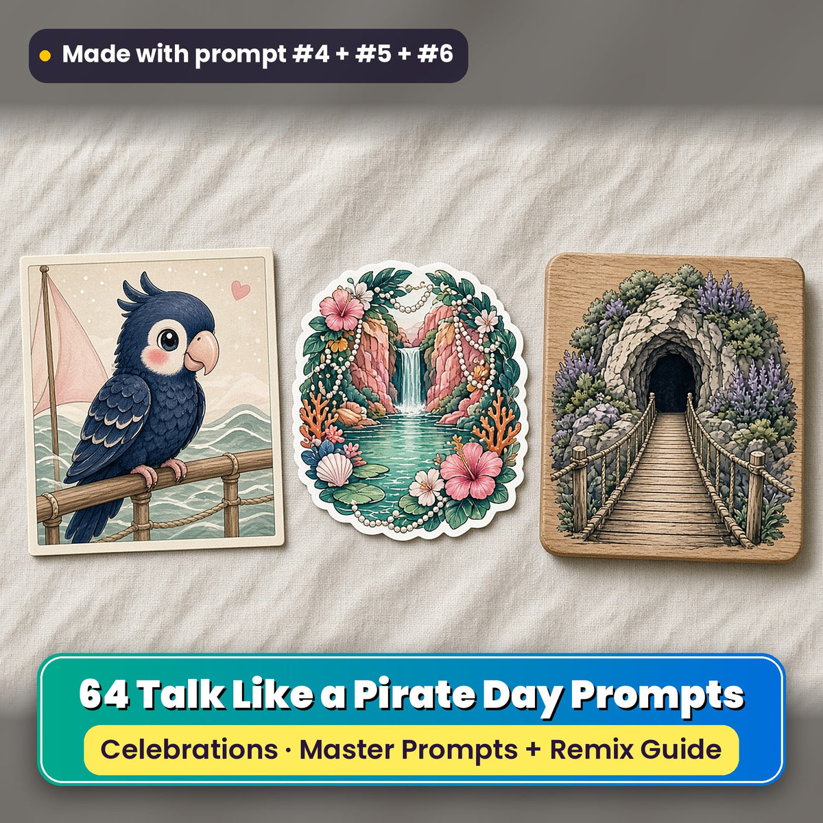 Talk Like a Pirate Day prompt pack: 64 master prompts + Remix Guide, with a UV-printed greeting card, acrylic ornament and mug set made with prompts #4, #5 and #6